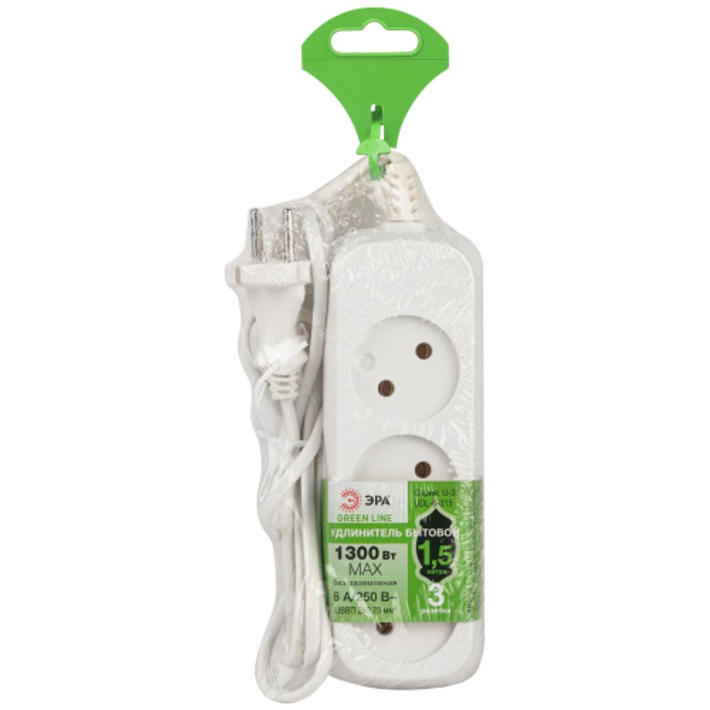 Удлинитель электрический ЭРА UDL-6-315 Greenline 3 розетки без заземления 1,5м ШВВП 2x0.75мм2 | Бытовые удлинители