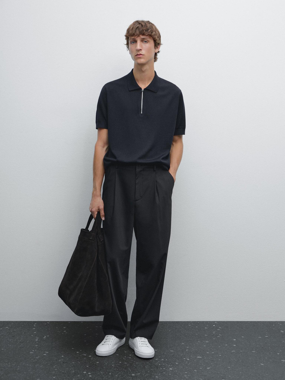 Massimo Dutti Трикотажное поло с воротником на молнии, темно-синий