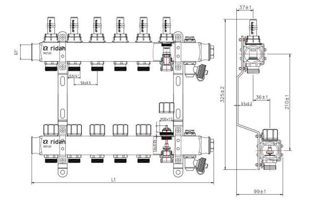 Коллекторная группа SSM-RF 1"х3/4" (евроконус), с расходомерами, с кронштейнами, AISI 304, Ридан
