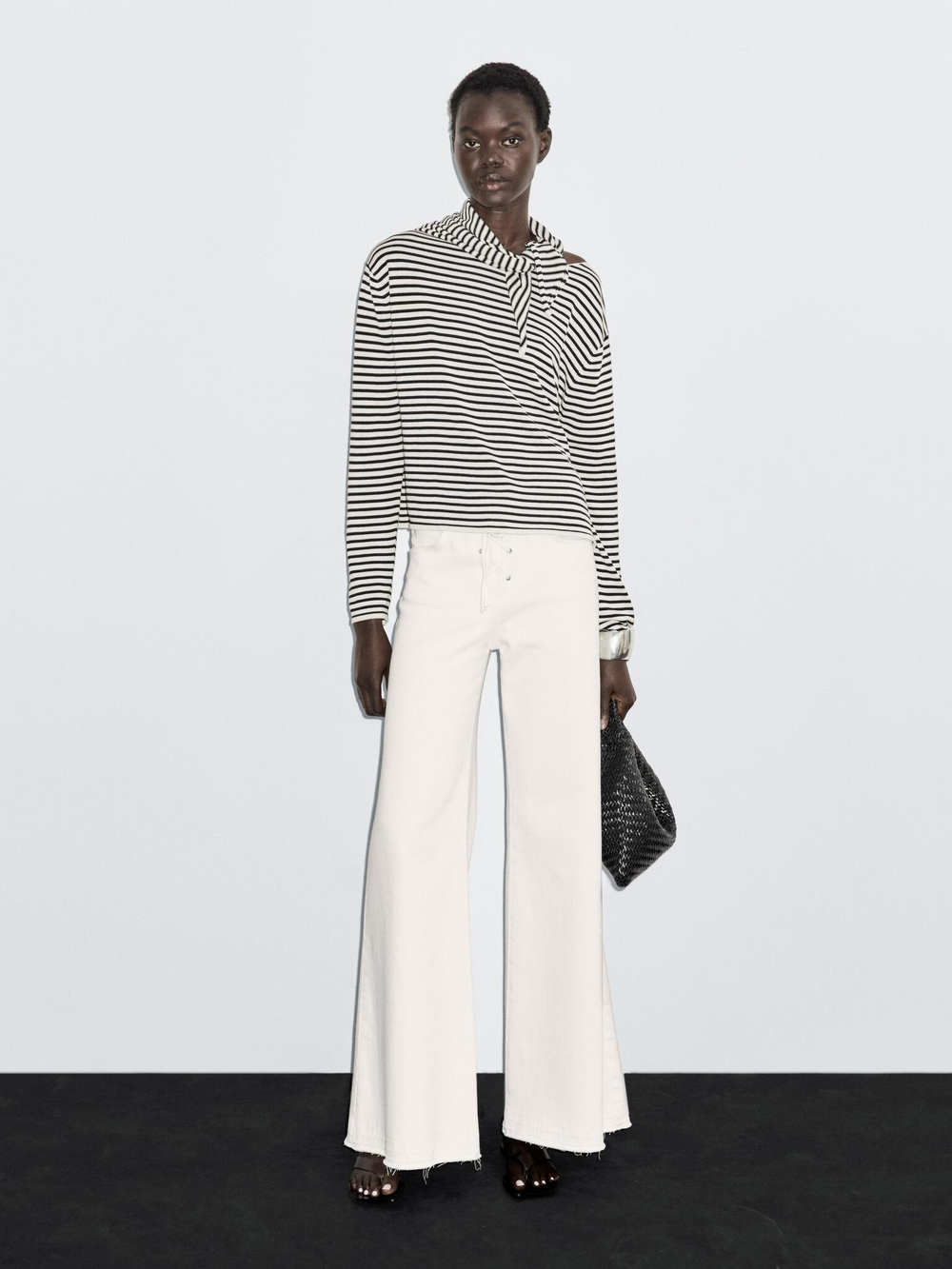 Massimo Dutti Свитер в полоску, натуральный, кремовый