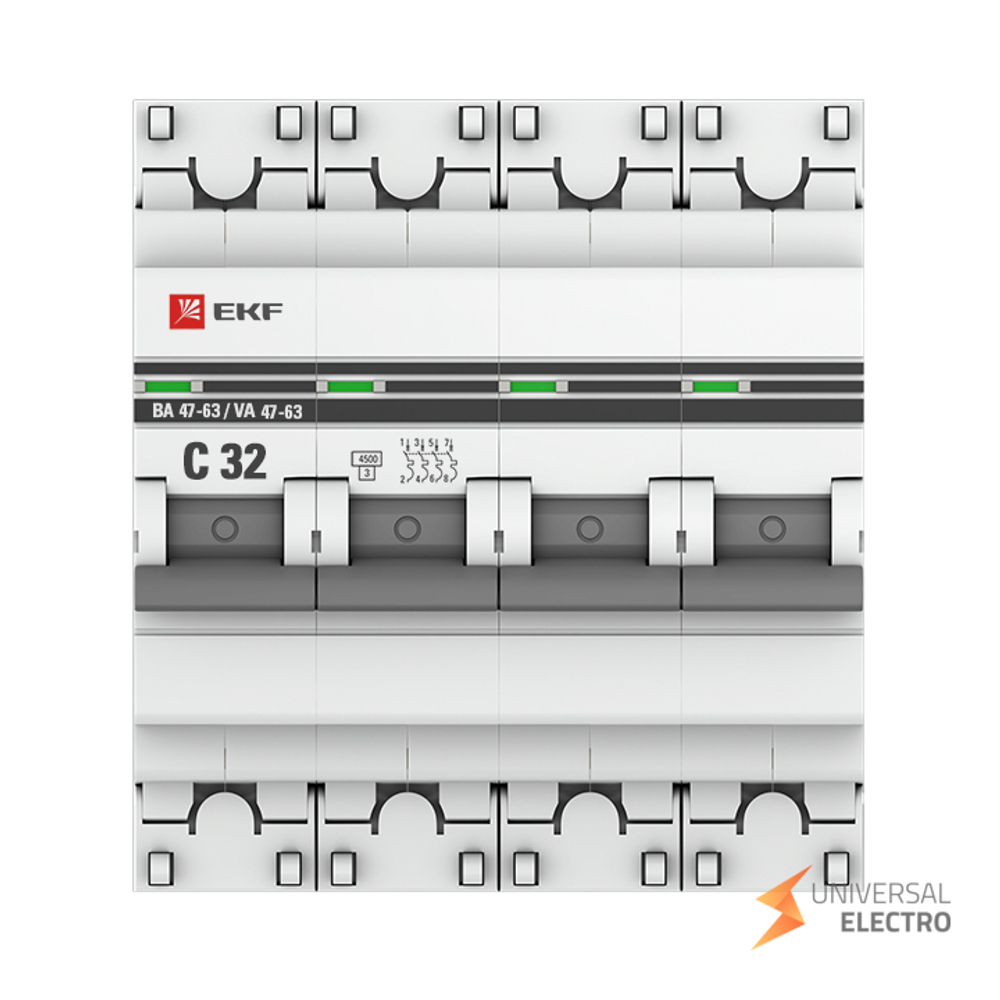 Автоматический выключатель 4P 32А (C) 4,5kA ВА 47-63 EKF PROxima