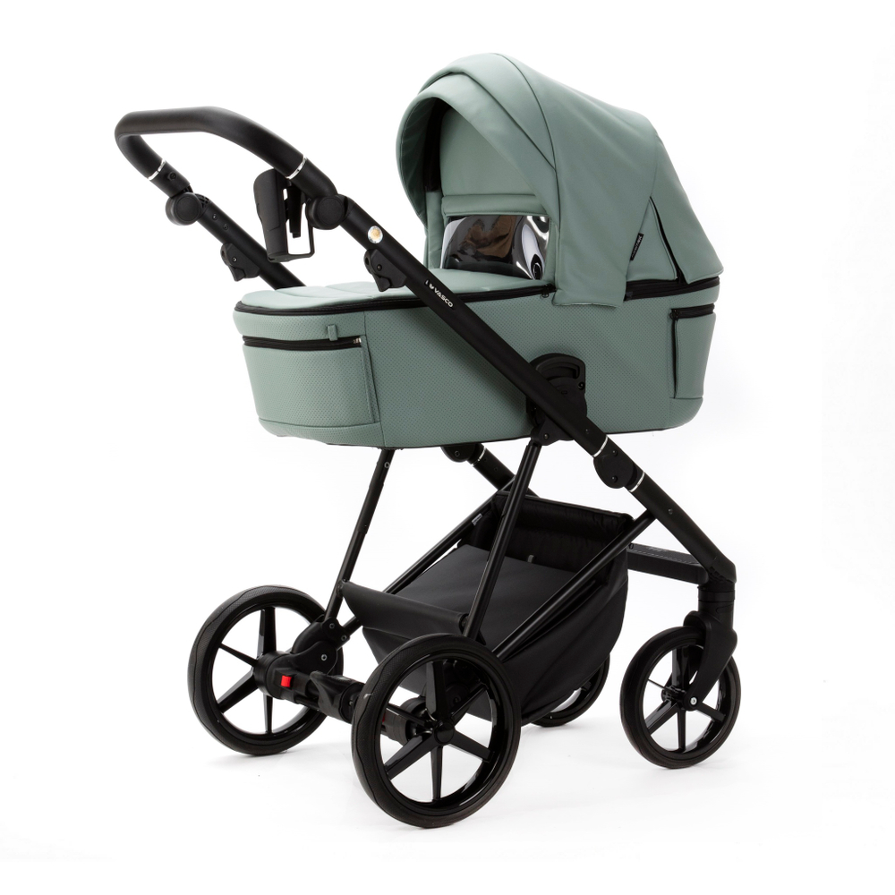 Детская универсальная коляска Adamex Vasco Deluxe V-SA20 2 в 1, Серо-зеленая Экокожа