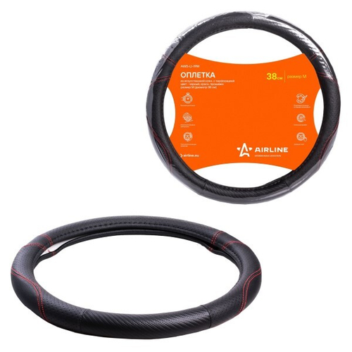 Оплетка руля M 37-38 см иск. кожа с перф., черная, красн. прошивка (AIRLINE)