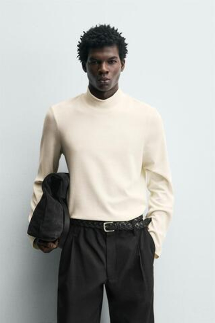 ZARA КОМФОРТНАЯ ФУТБОЛКА С ДЛИННЫМИ РУКАВАМИ, СВЕТЛО-БЕЖЕВЫЙ