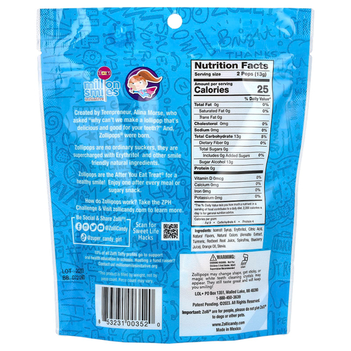 Zollipops, леденцы для чистки зубов со вкусом фруктов, прибл. 13–15 леденцов, 88 г (3,1 унции)