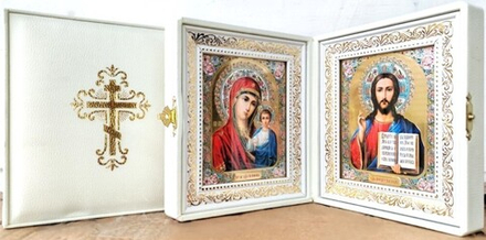 Складень малый белый: кожа, тиснение с золотой фольгой, стекло (17х15х5) Цв (Кожемяка)