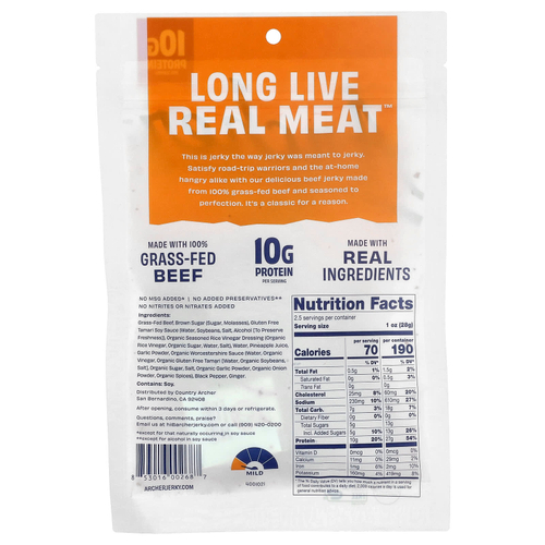 Country Archer Jerky, вяленая говядина травяного откорма, терияки, 71 г (2,5 унции)