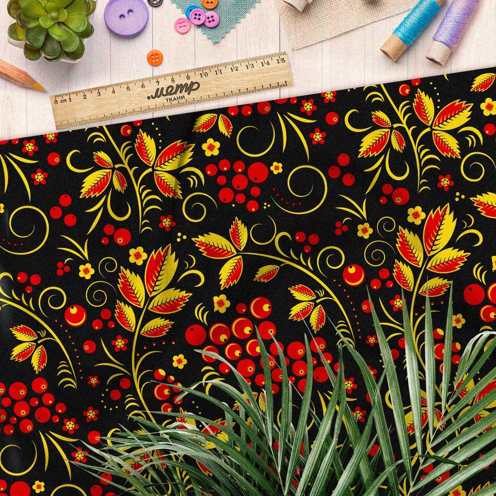Ткань барби жёлто-красная хохлома с рябиной на чёрном фоне