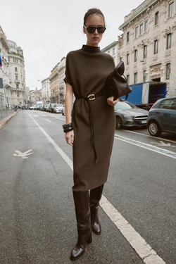 ZARA ТРИКОТАЖНОЕ ПЛАТЬЕ С РЕМНЕМ, СЕРО-КОРИЧНЕВЫЙ