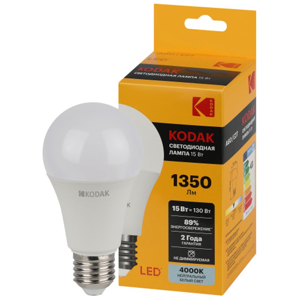 Лампа светодиодная Kodak LED A60-15W-840-E27 K 15Вт груша нейтральный белый свет Е27 | Kodak