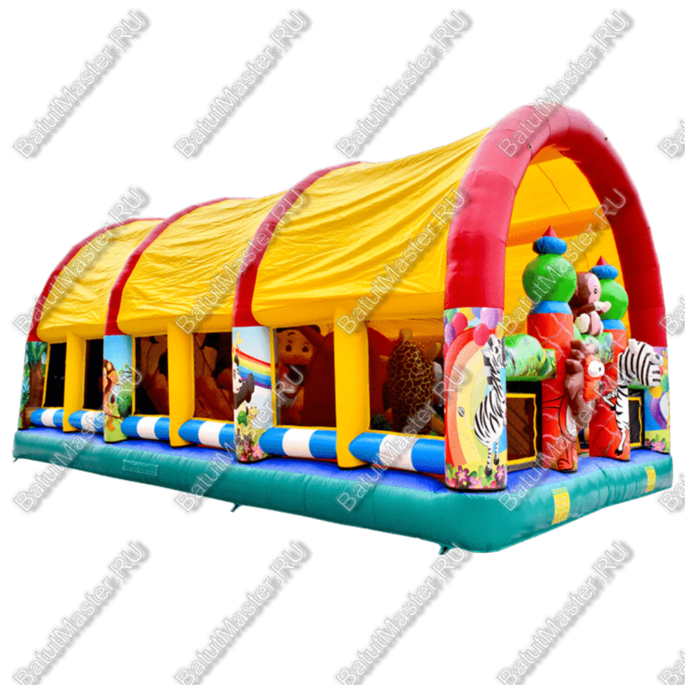 Надувной батут "Зверята с крышей 3" со скалодромом, 13*8*6 м