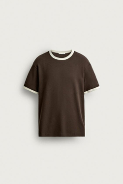 ZARA ФУТБОЛКА В РУБЧИК С КОНТРАСТНОЙ ОТДЕЛКОЙ БАЗОВАЯ, КОРИЧНЕВЫЙ