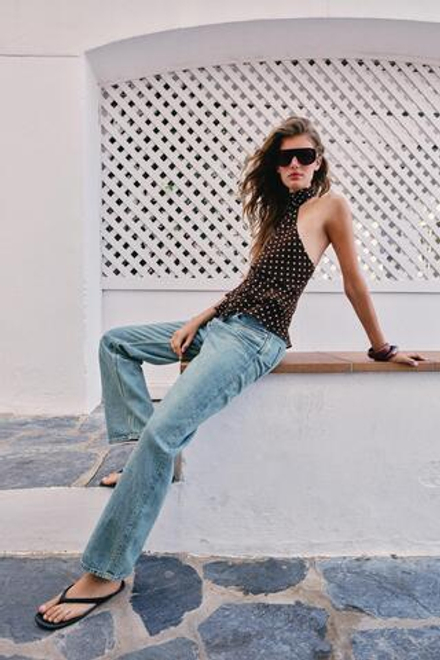 ZARA АСИММЕТРИЧНЫЙ ТОП В ГОРОШЕК, КОРИЧНЕВЫЙ/БЕЛЫЙ