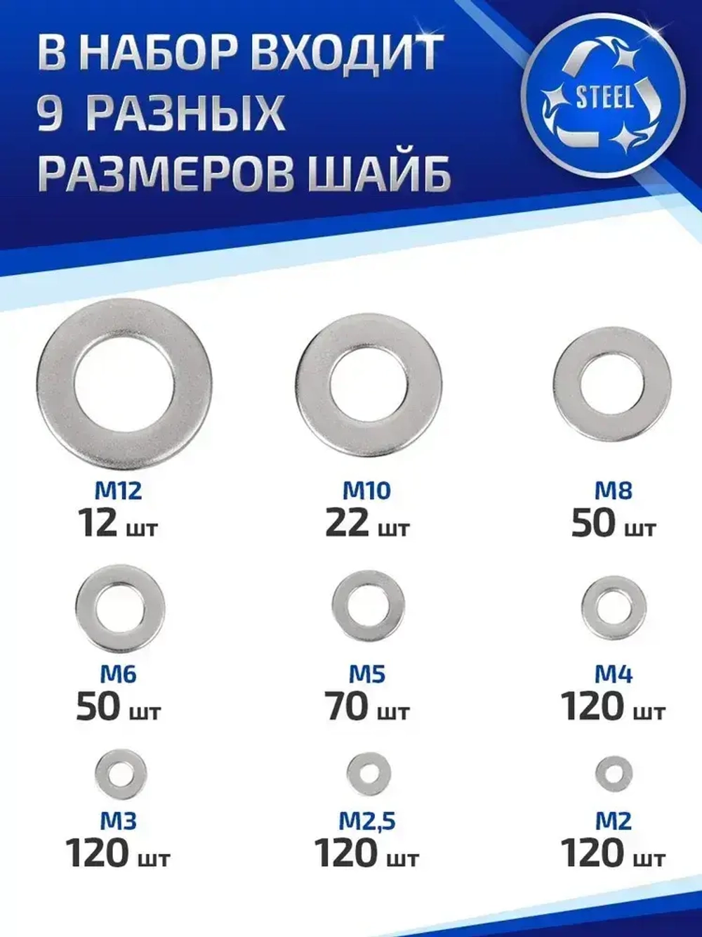 Шайба плоская нержавеющая М2- М12, 684 штуки нержавейка сталь A2 (AISI 304)