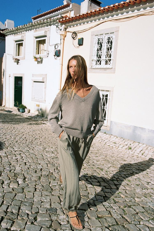 ZARA БРЮКИ-БОМБАШКИ С ЭЛАСТИЧНЫМ ПОЯСОМ, СЕРО-КОРИЧНЕВЫЙ