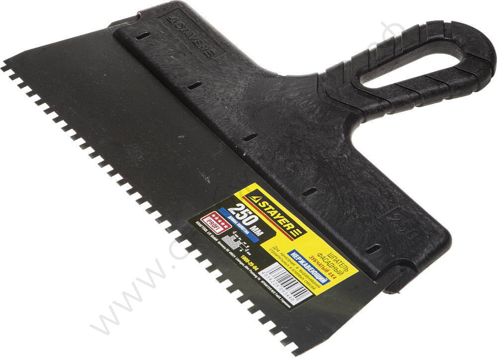 STAYER ProFLat 250 мм, зуб 4х4мм, пластиковая ручка, зубчатый, нержавеющий, Фасадный шпатель, PROFESSIONAL (1009-25-04)