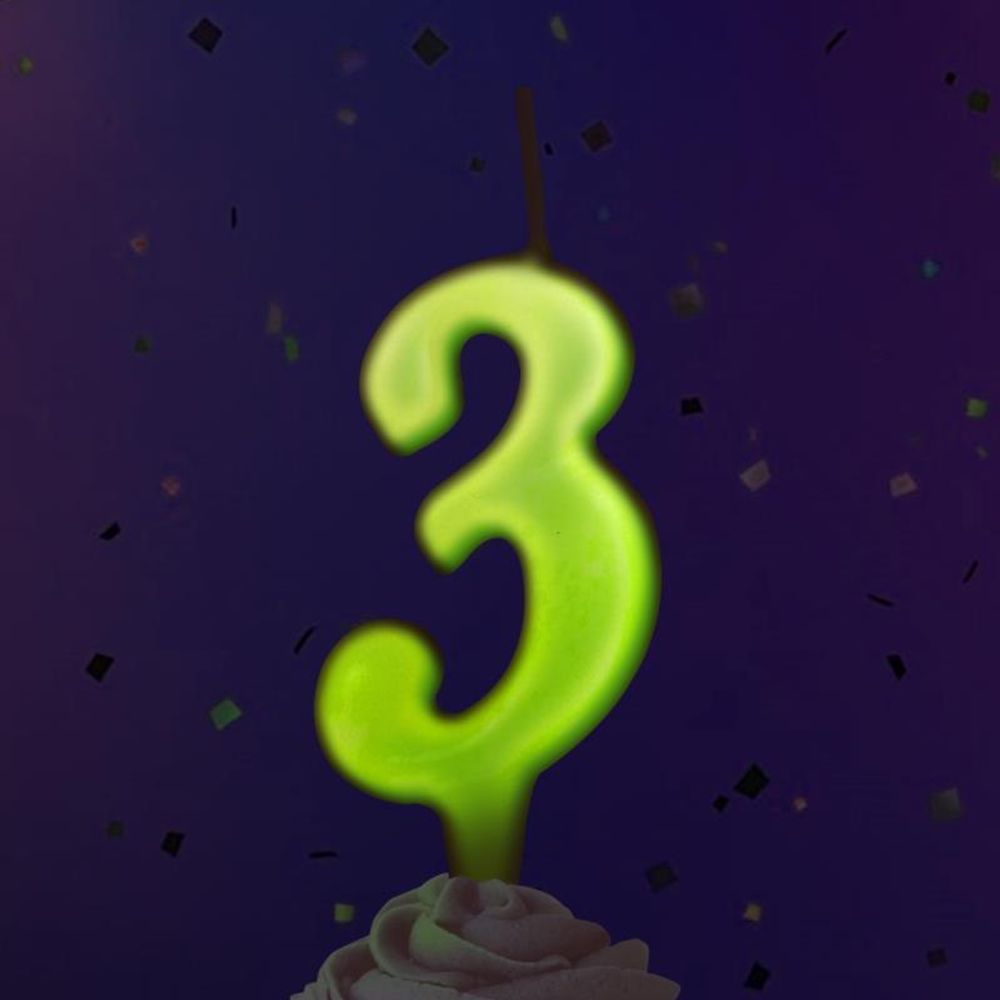 Свеча Цифра, 3 Люминесцентная, Флуор, 8 см, 1 шт.