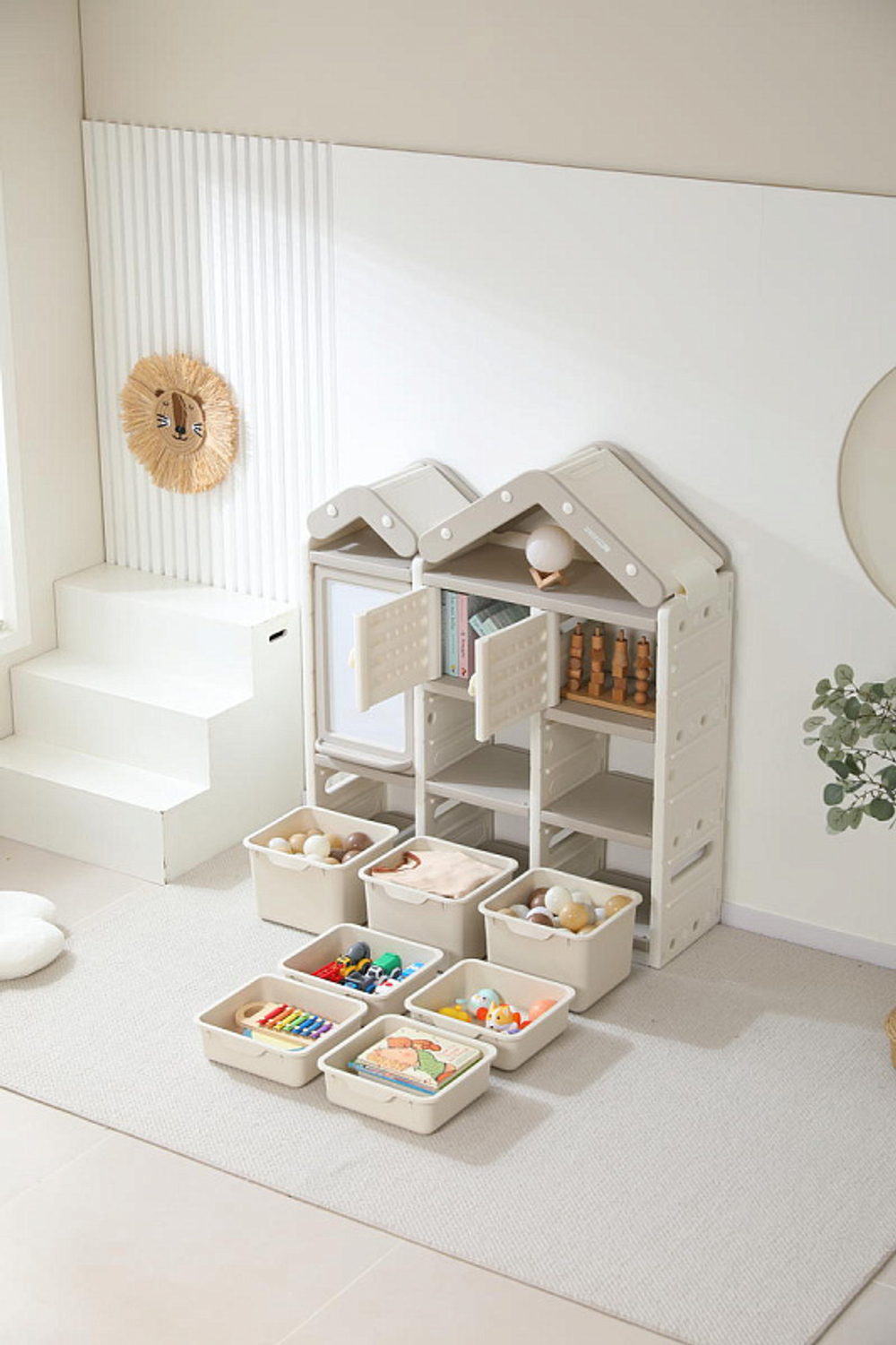 Стеллаж для игрушек UNIX Kids House 7 ящиков, 2 полки с дверцей Grey