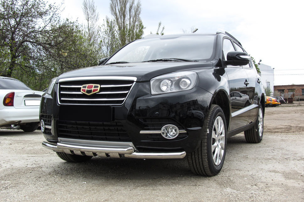 Защита переднего бампера (нержавейка) Geely Emgrand X7 (2016-2019) d57+d57 с защитой картера