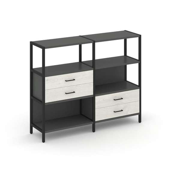 Shelf System Двухсекционный стеллаж трехярусный с ящиками SN.STM-323 Антрацит/Дуб Наварра/Металл Чер