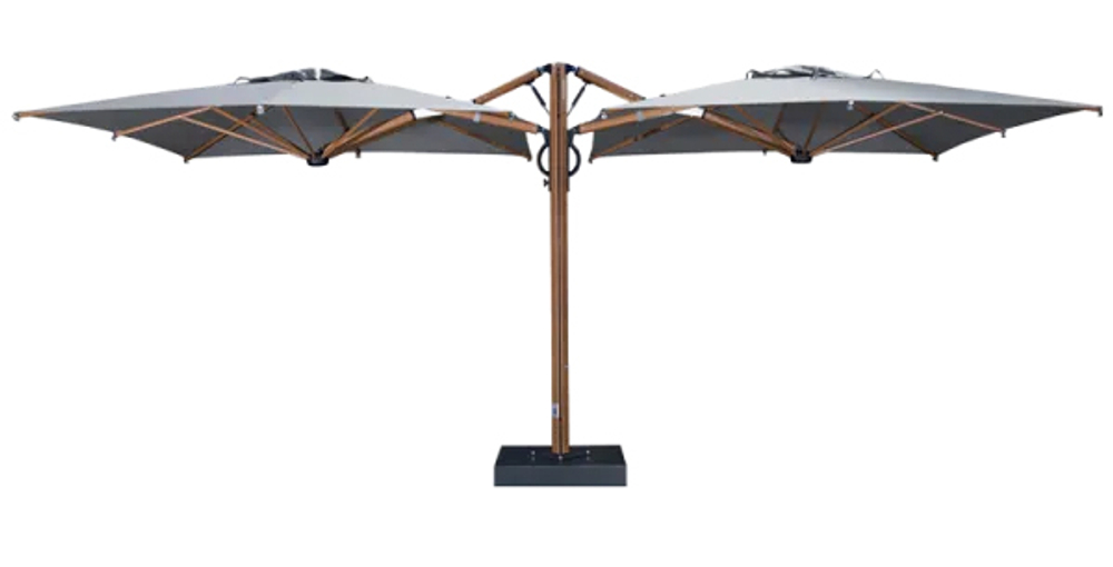 Зонт профессиональный двухкупольный 2.9х6.3 м Scolaro Galaxia Dual T Timber, имитация ироко, серебристо-серый