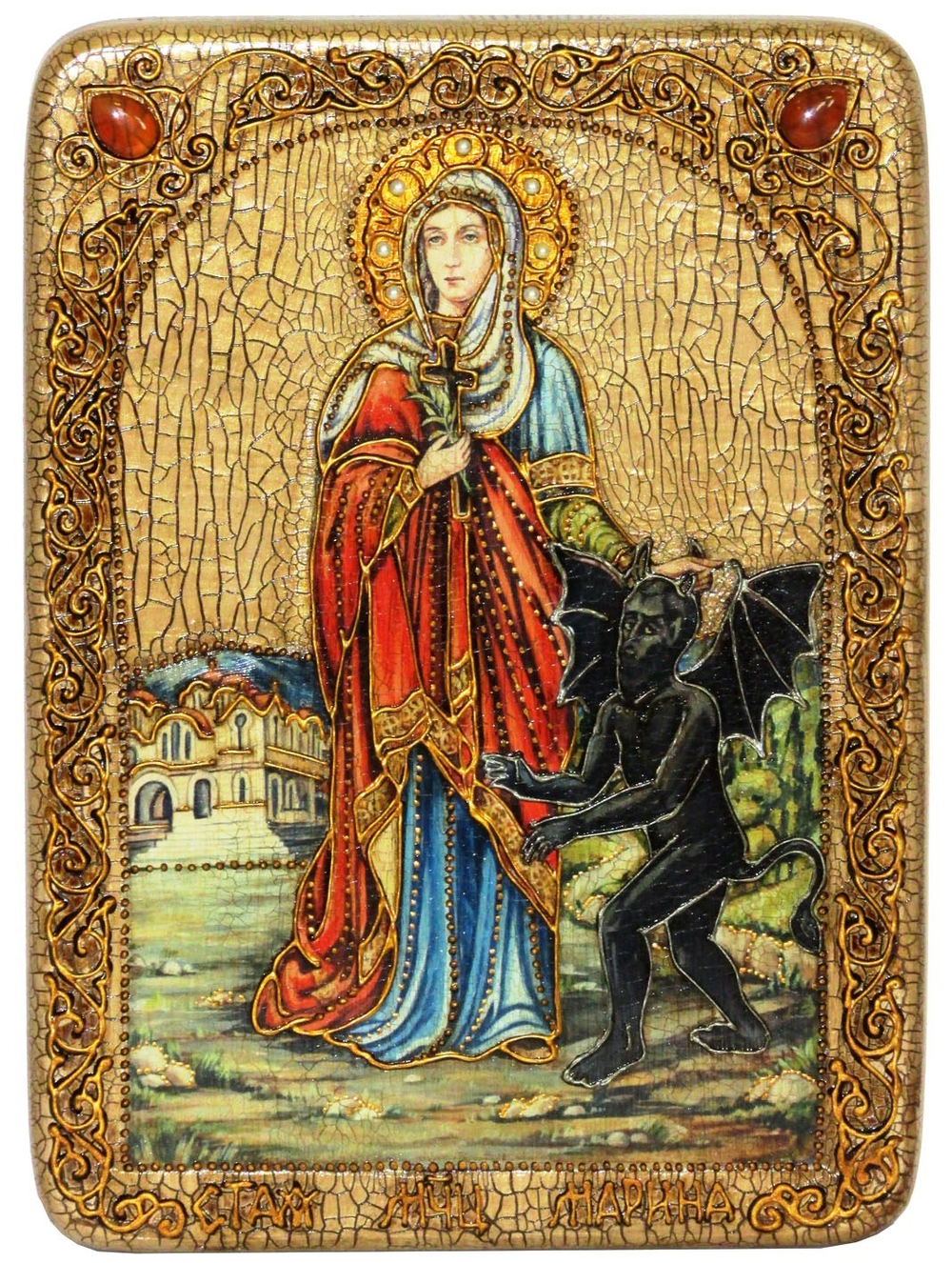 Инкрустированная икона Святая великомученица Марина (Маргарита) Антиохийская 29х21см на натуральном дереве в подарочной коробке