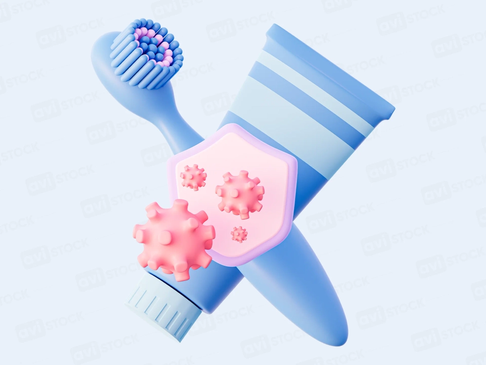 3D-иконка зубной щётки и зубной пасты с защитным щитом — символ чистоты, гигиены и защиты от кариеса.