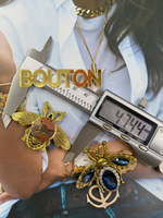 Накладка на пуговицу золотистая бронза "Жук" с синими стразами