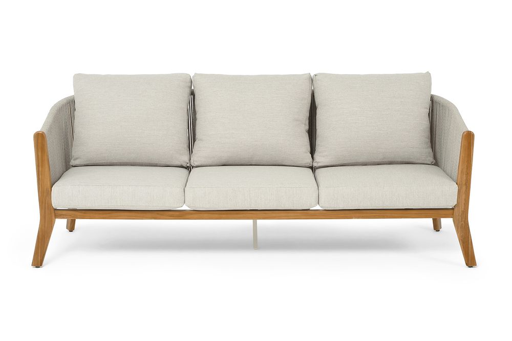 "Сидней" диван 3-местный плетеный из роупа, основание тик, каркас алюминий бежевый, роуп бежевый, ткань бежевая