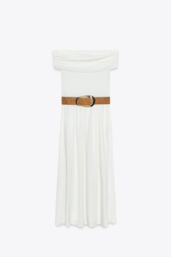 ZARA КОМБИНИРОВАННОЕ ПЛАТЬЕ-МИДИ С ОТКРЫТЫМИ ПЛЕЧАМИ И ПОЯСОМ, ЭКРЮ