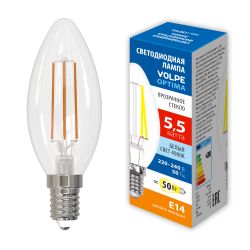 LED-C35-5.5W-4000K-E14-CL-SLF Лампа светодиодная. Форма свеча. прозрачная. Белый свет 4000K. ТМ Volpe