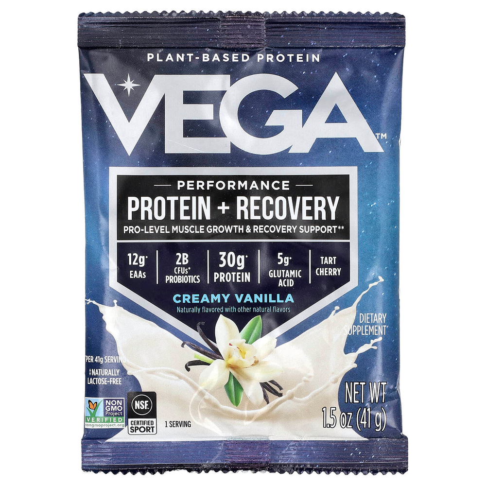Vega, Растительный протеин, протеин для повышения эффективности и восстановления, кремовая ваниль, 12 пакетиков по 41 г (1,5 унции)