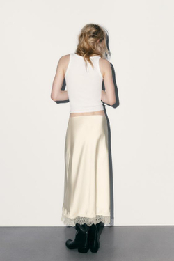ZARA АТЛАСНАЯ ЮБКА МИДИ С КРУЖЕВОМ, СЛОНОВАЯ КОСТЬ