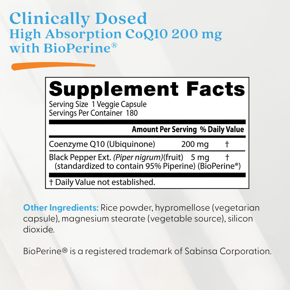 Doctor's Best, коэнзим Q10 с высокой степенью усвояемости, с BioPerine, 200 мг, 180 вегетарианских капсул