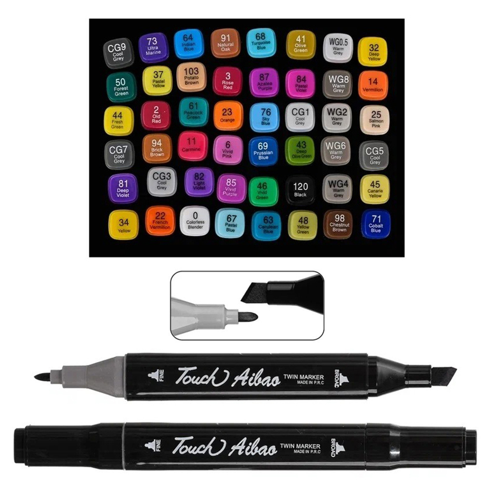 Маркер для скетчинга, двусторонние, Touch Aibao, четырёхгранные, 14 мм, спиртовые, 48 шт