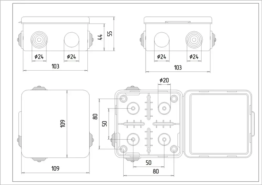 Коробка распределительная с клеммой 100х100х50 с 8 кабельными вводами IP54 1 шт.