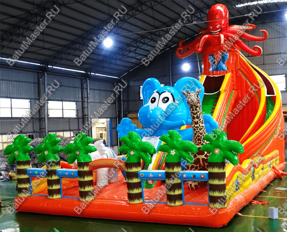 Коммерческий надувной батут "Слоны и жираф" 18*9*8,5 м