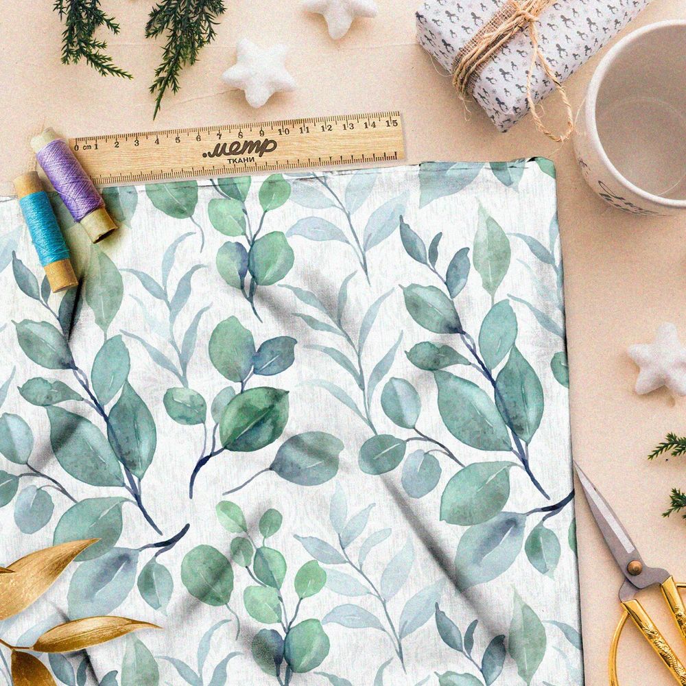 Ткань лён крупные акварельные листья на белом фоне