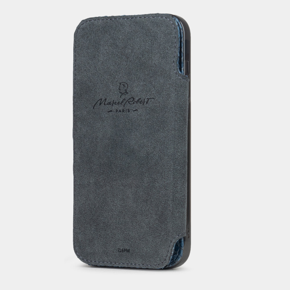 Чехол-книжка кожаная для iPhone 16 Pro Max, питон синего цвета