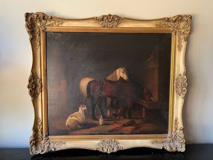 Антикварная картина «Животные в хлеву»