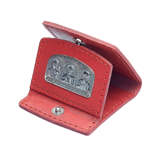 Икона для автомобиля из серебра в чехле из красной кожи/Частичное чернение/Казанская/Иисус Христос/Николай Чудотворец