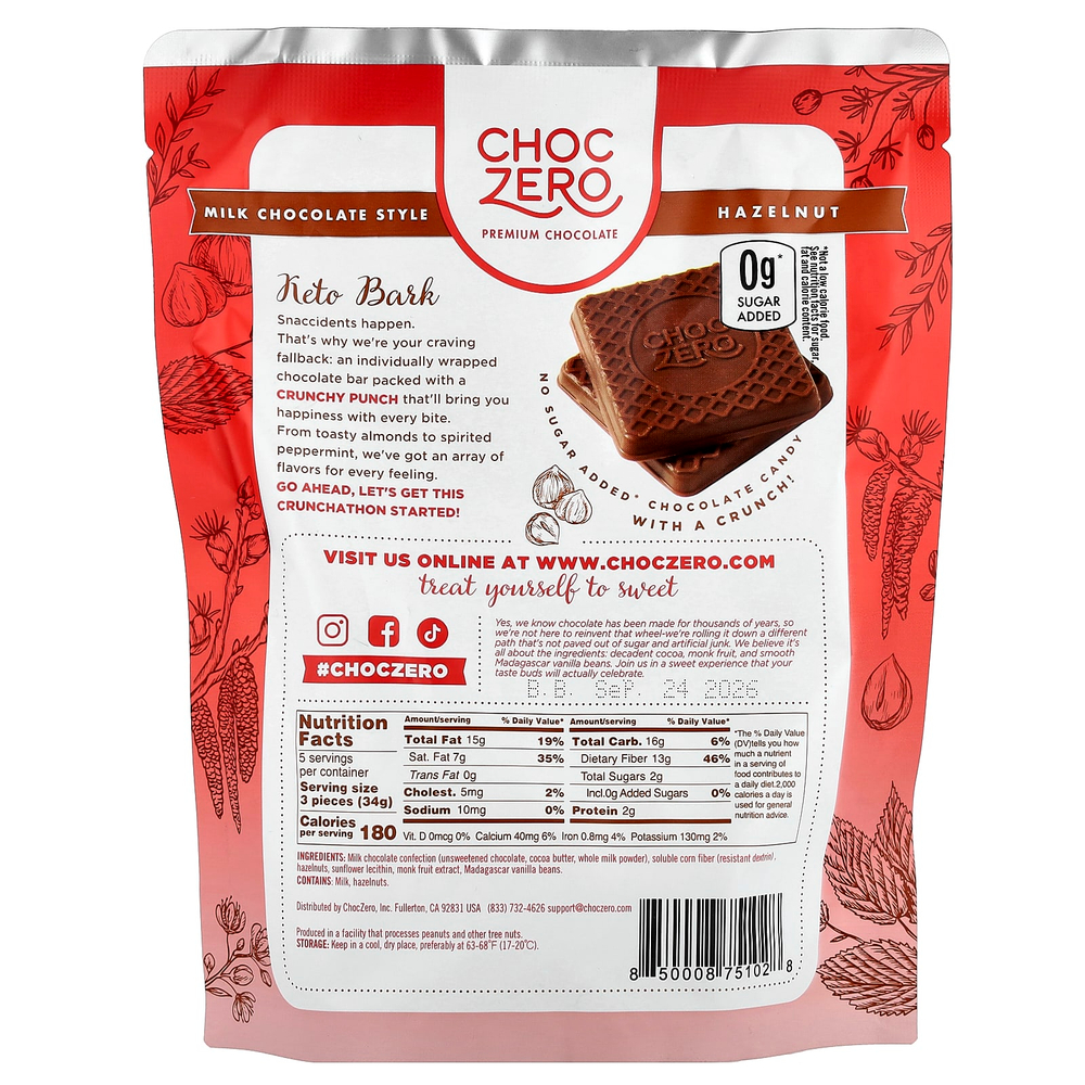 ChocZero, Keto Bark, молочный шоколад, фундук, 15 мини-батончиков, 170 г (6 унций)