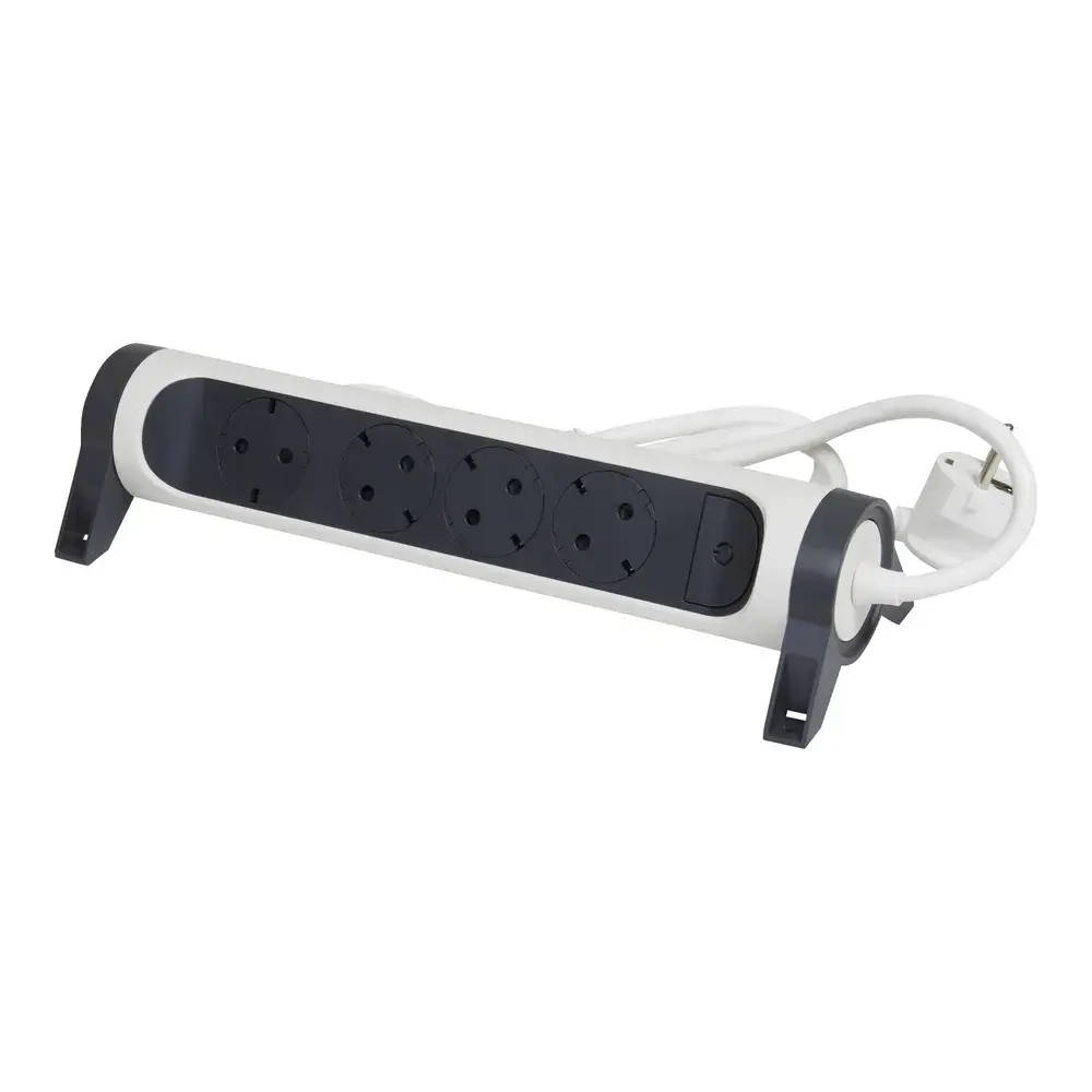 Legrand Revolution Комфорт Бело-черный Удлинитель 4x2К+З с выкл., кабель 1,5м, плоские розетки, фиксируемый поворотный блок, 694529