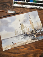 Картина авторская акварельная в паспарту 30х40 см на стену для интерьера "В порту"