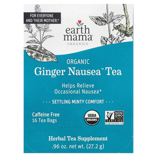Earth Mama, Organics, органический чай Nausea™ с имбирем, успокаивающий мятный чай, без кофеина, 16 чайных пакетиков, 27,2 г (0,96 унции)