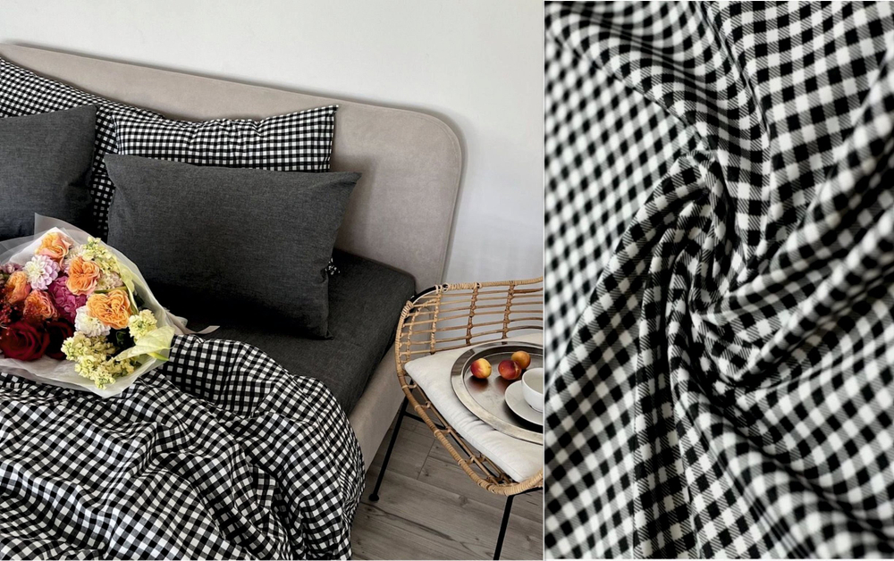 КПБ 2 сп с простыней на рез. 160х200 ВАРЕНЫЙ ХЛОПОК "Клетка черно-белая+графит меланж"