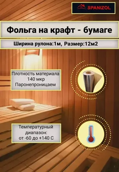 Фольга на крафт бумаге теплоизоляция для бани и сауны, парных Spanizol LB 12 м2