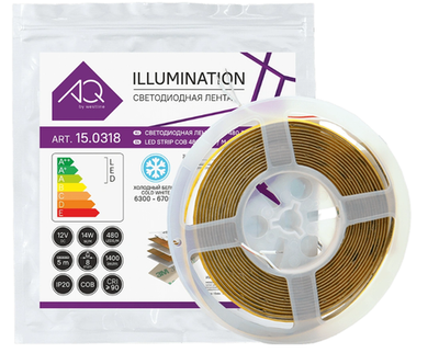 Лента светодиодная COB, 480 LED/м, 12V, 14W/м, 8 мм, IP20, холодный  белый, AQ(15.0032)
