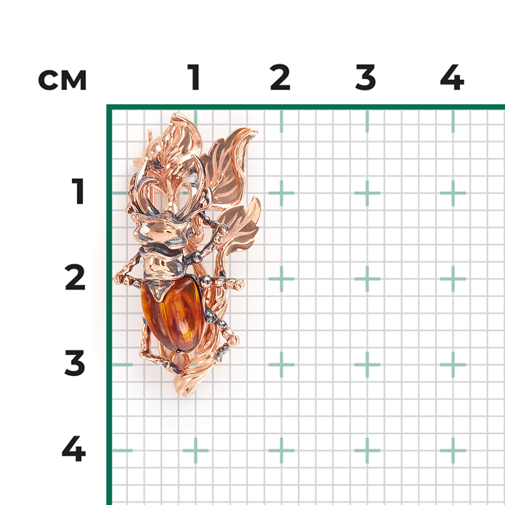 Брошь «Жук-олень» из красного золота с янтарём