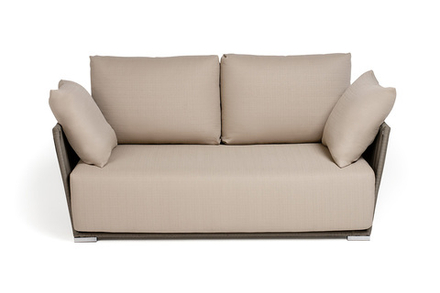 "Форли" диван 2-местный плетеный из роупа, каркас алюминий светло-серый (RAL7035) муар, роуп серо-коричневый 23мм, ткань Mossle бежевая